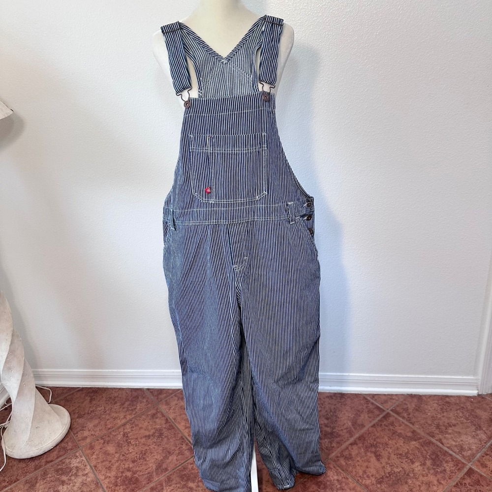 VTG Dickies Hickory Stripe Cottage Core Utility Bib Overalls Womens L Blue White